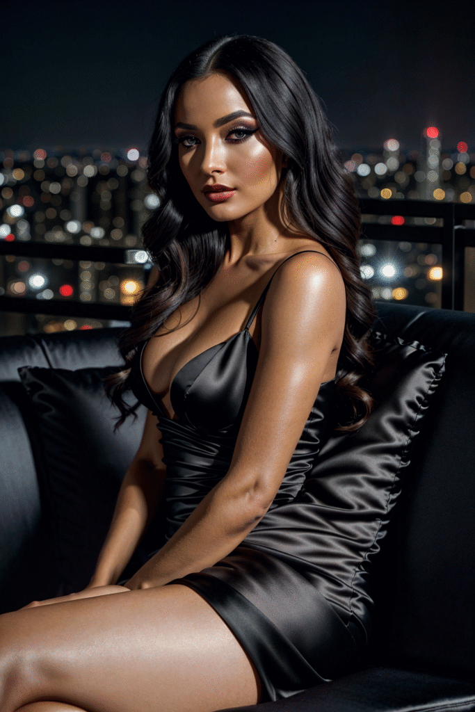 stunning woman in a luxurious black satin dress, seated on a modern couch, elegant posture, glamorous evening makeup, cinematic lighting